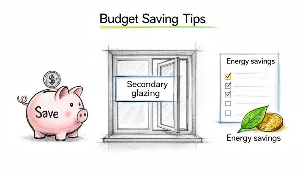 Illustration of budget saving tips with a piggy bank, secondary glazing, and energy savings checklist.