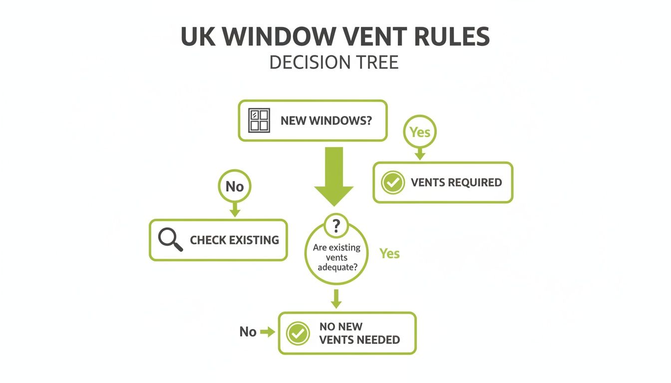 Decision tree explaining UK window vent rules, guiding on when new vents are needed.