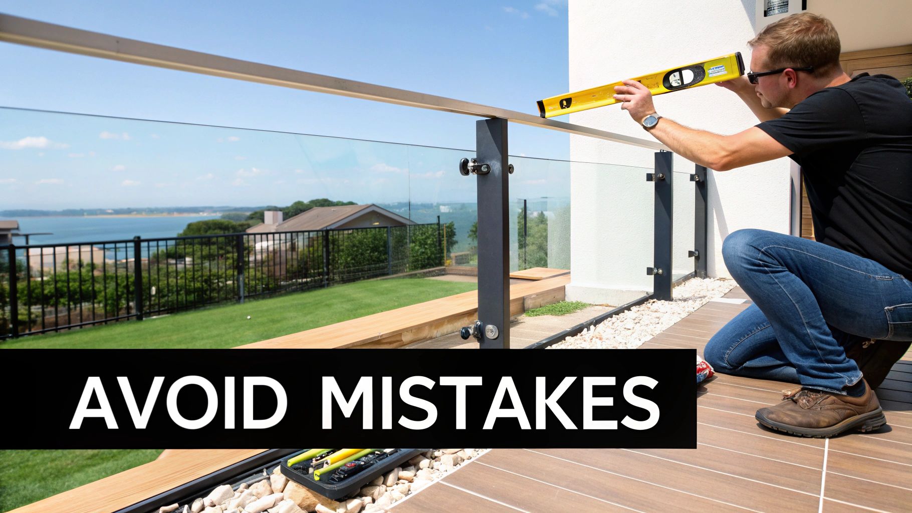 Man installing a modern glass railing on a balcony, using a level to ensure accuracy, with a scenic lake view.