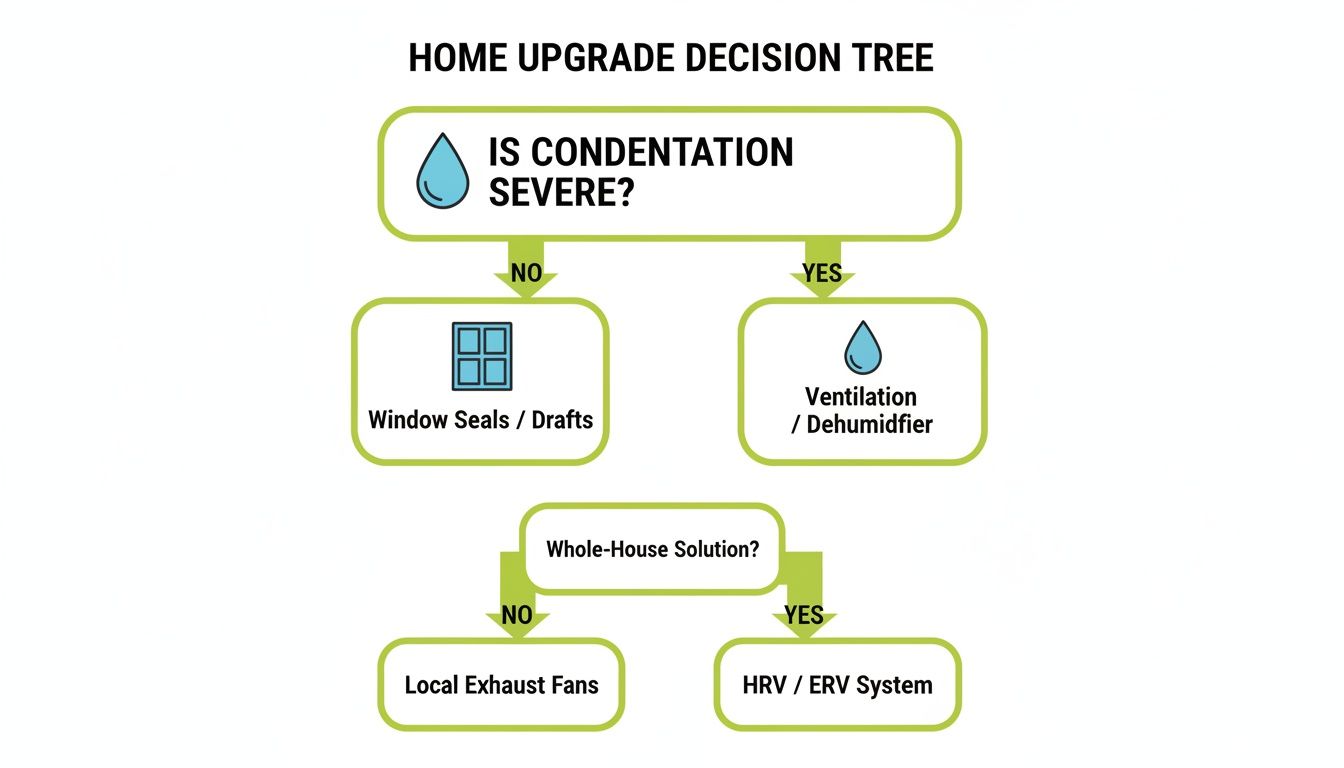 A home upgrade decision tree flowchart guiding solutions for severe condensation, drafts, and ventilation.