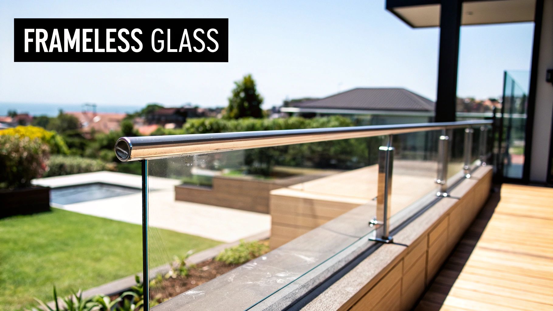 Modern frameless glass balustrade with a sleek handrail offering an expansive view of a garden and ocean.
