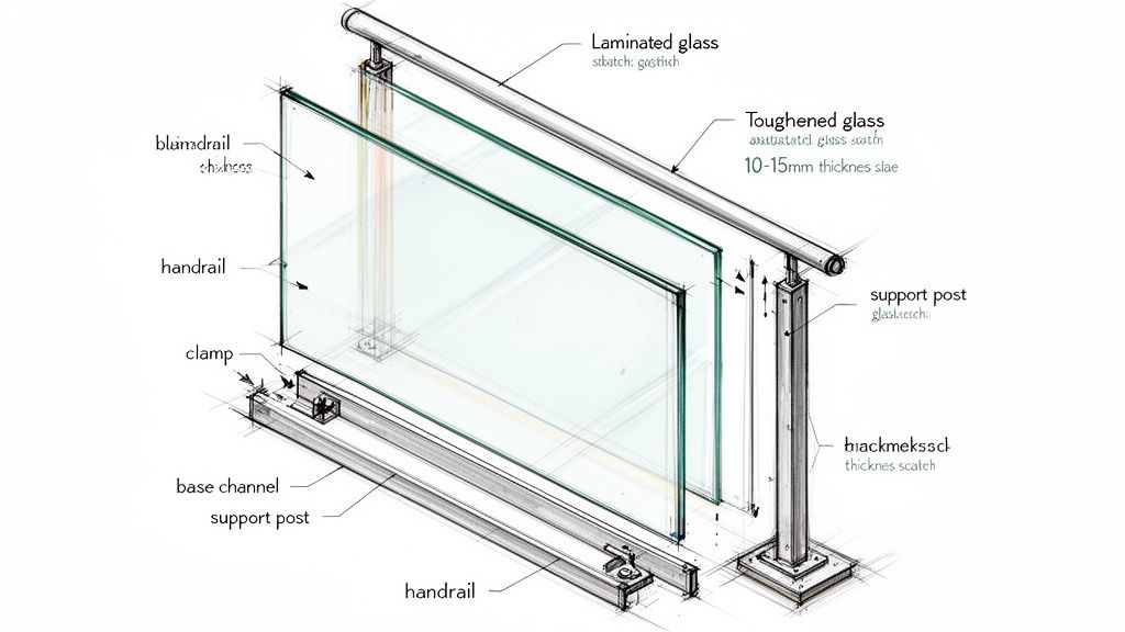 Exploded view diagram of a glass balcony balustrade system, showing glass panels, handrail, support posts, and base channel.