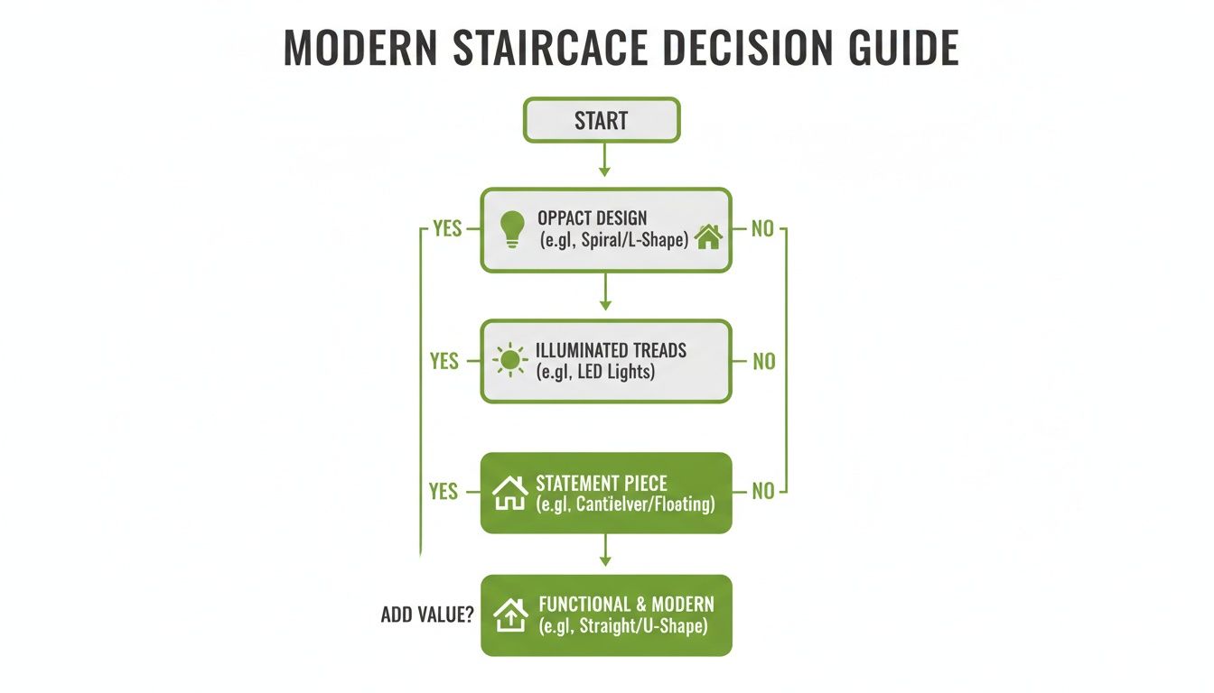 Flowchart outlining the modern staircase decision guide, discussing design, illuminated treads, and functionality.