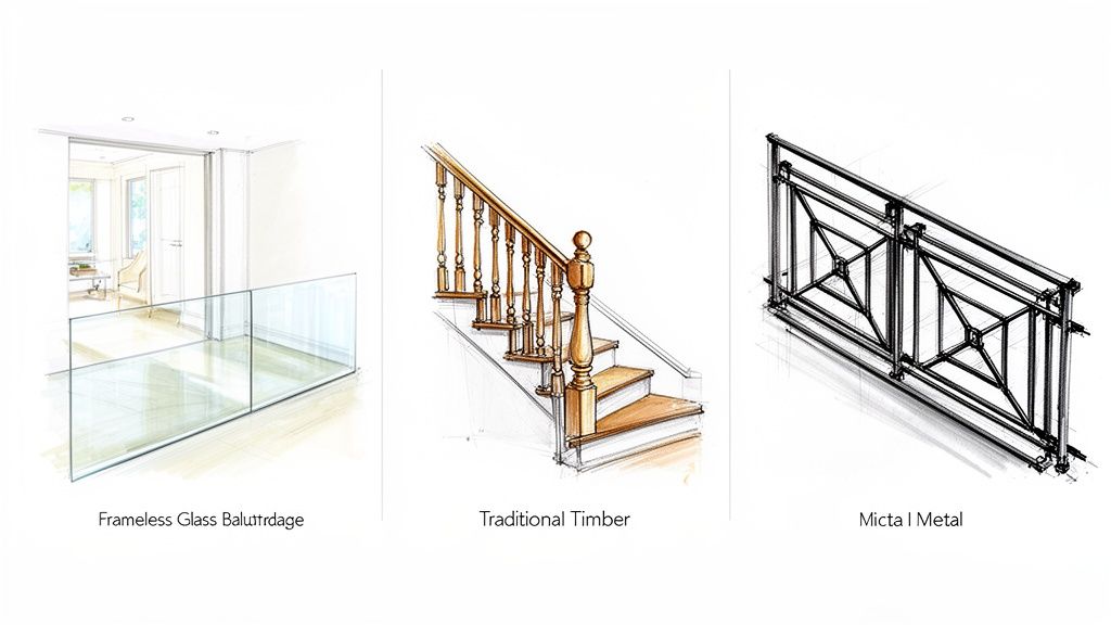 Architectural sketches showcasing three distinct stair and balcony railing designs: glass, timber, and metal options.