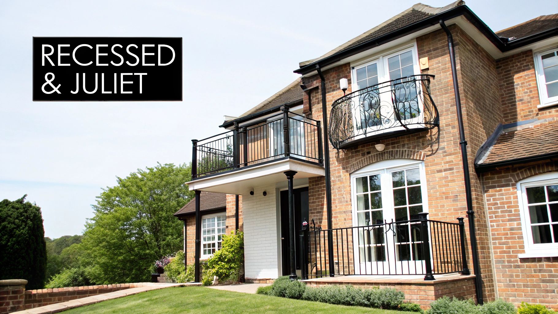 A beautiful brick house featuring a recessed balcony and an ornate Juliet balcony.