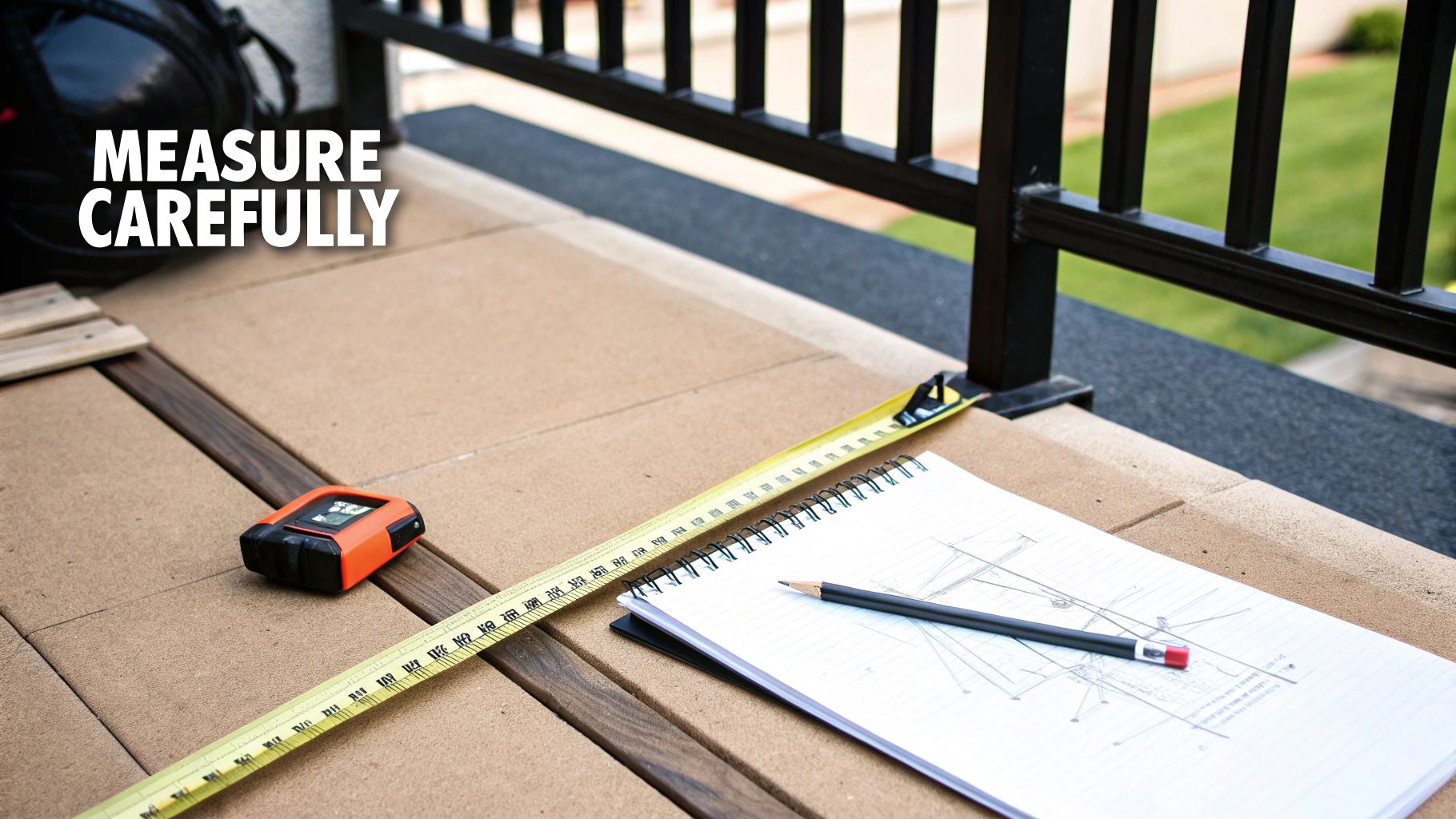 Measuring tape, laser measure, notepad, and pencil on a deck, ready for careful planning.