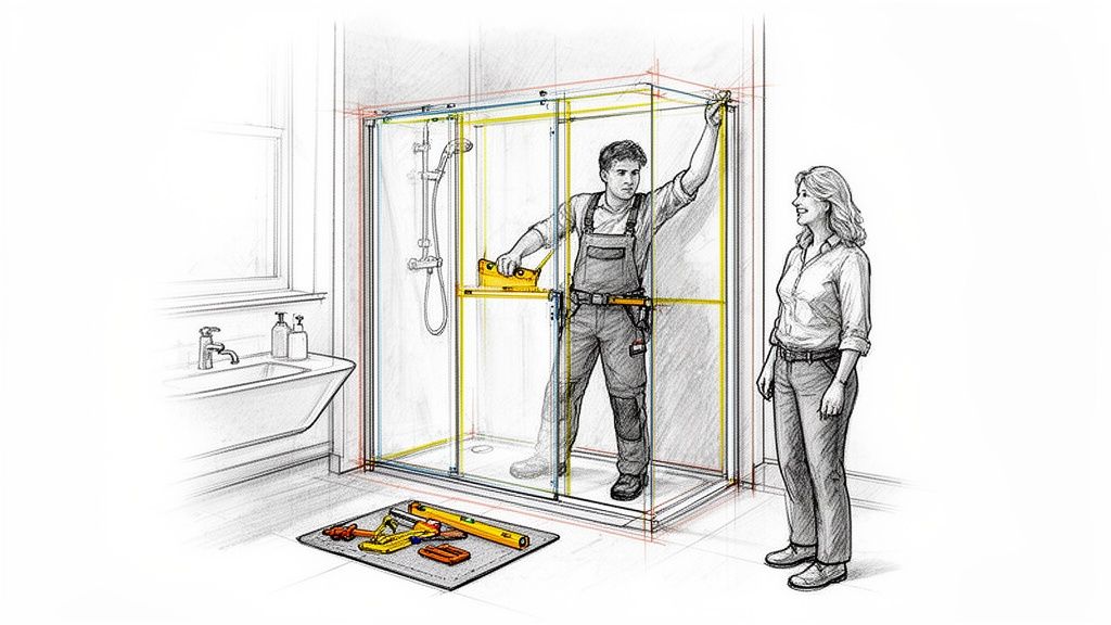 A man installing a custom glass shower screen in a bathroom, with a woman observing.