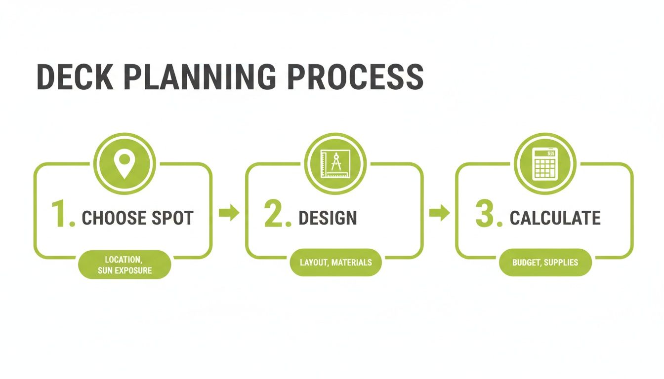 A three-step diagram outlining the deck planning process: choose spot, design, and calculate budget.