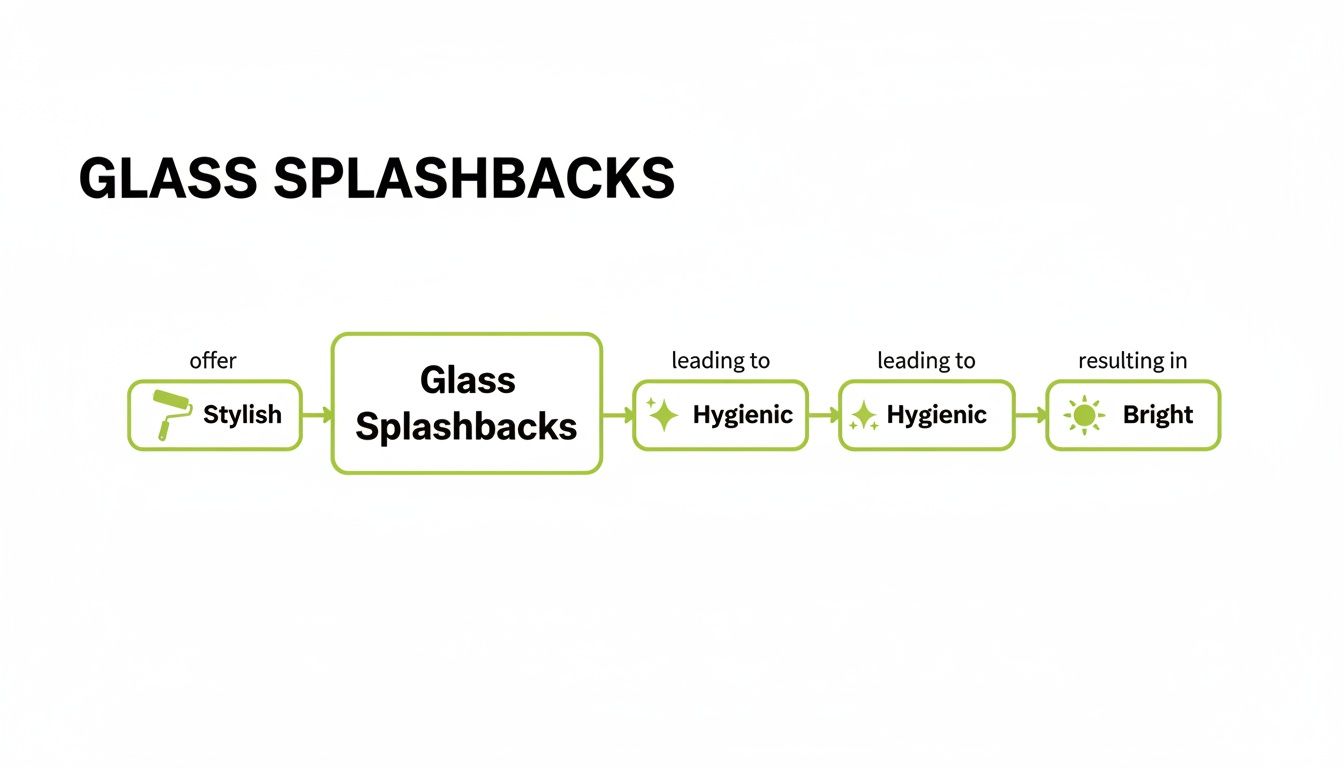 Flowchart detailing the advantages of glass splashbacks, emphasizing stylish design, hygiene, and brightness.