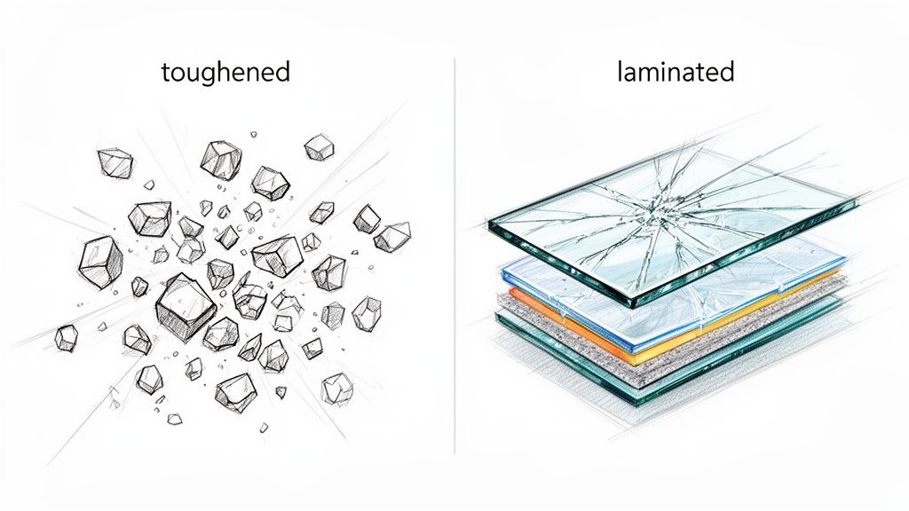 Illustrates toughened glass breaking into small pieces and laminated glass cracking but staying together.