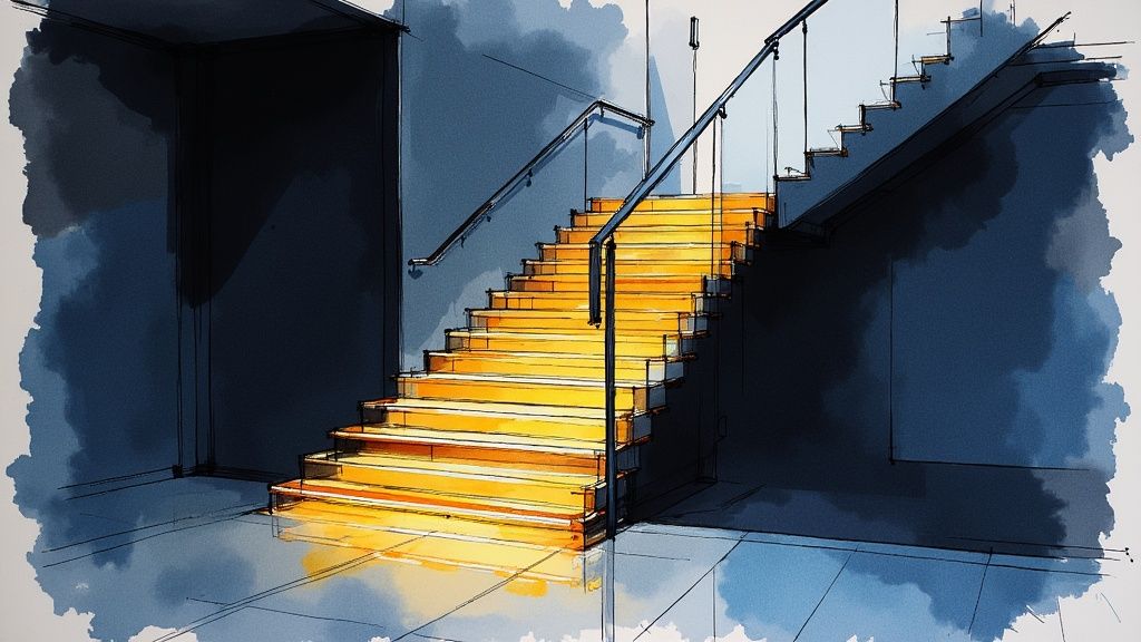 A modern, bright yellow illuminated staircase with handrails against dark blue walls, in a sketchy watercolor art style.
