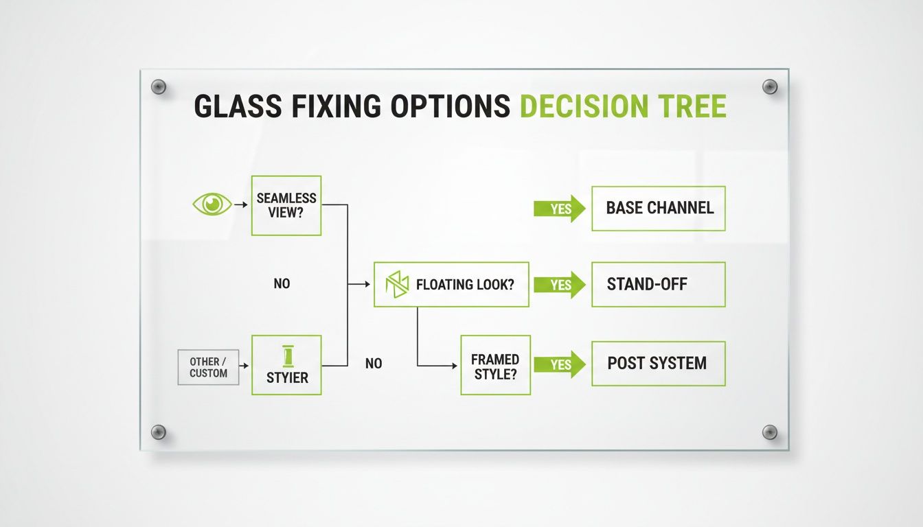 A decision tree flowchart illustrating glass fixing options based on desired aesthetic, including seamless, floating, and framed styles.