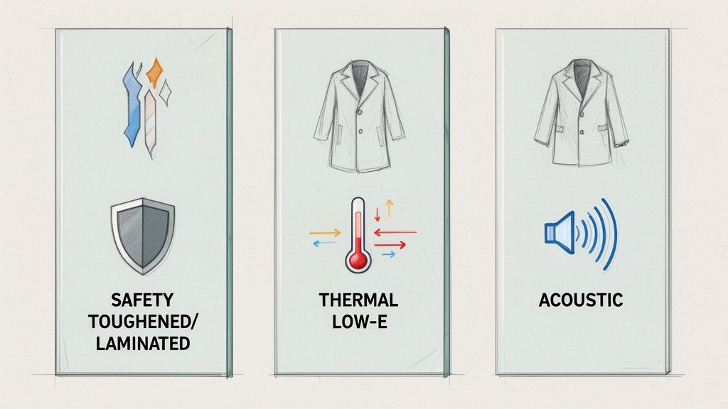 Three panels illustrating safety, thermal Low-E, and acoustic properties for glass or building materials.