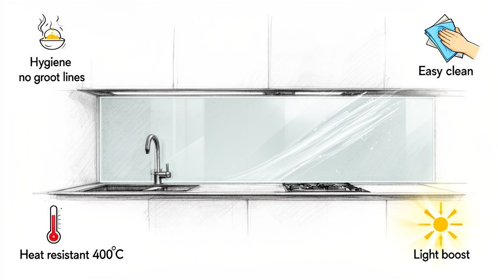 A detailed sketch of a modern kitchen featuring a glass splashback, highlighting its hygiene, easy cleaning, heat resistance, and light-boosting properties.
