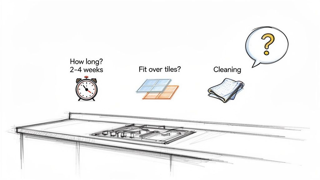 Visualizing kitchen renovation queries: installation time (2-4 weeks), fitting over tiles, and cleaning options.