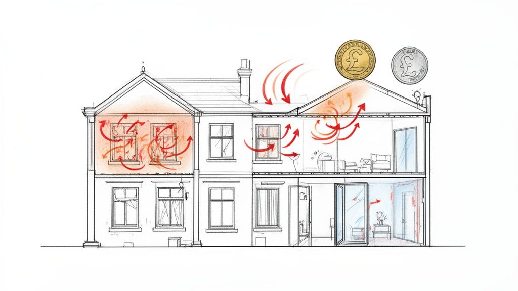 Illustration of heat escaping from a house through windows and roof, indicating energy waste.