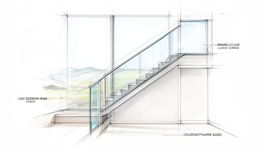 Architectural sketch of a modern interior featuring a glass staircase and large windows with a scenic view.