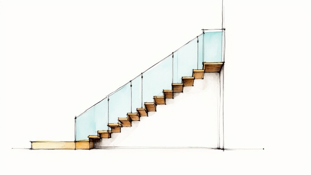 A watercolor sketch illustrating a modern floating staircase with wooden treads and a clear glass railing.