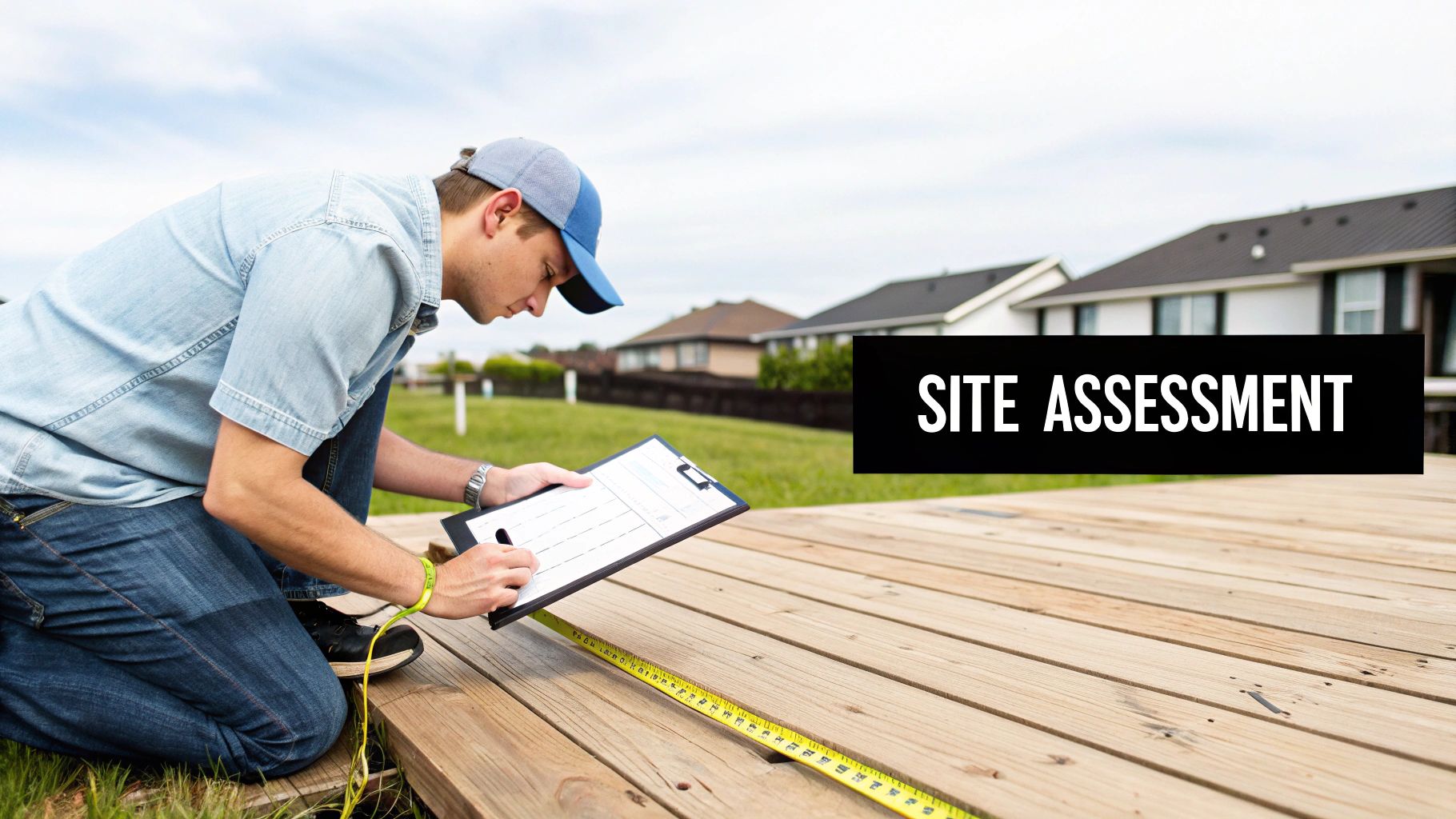 A man performs a site assessment on a wooden deck, taking notes with a clipboard and using a measuring tape. Houses are in the background.