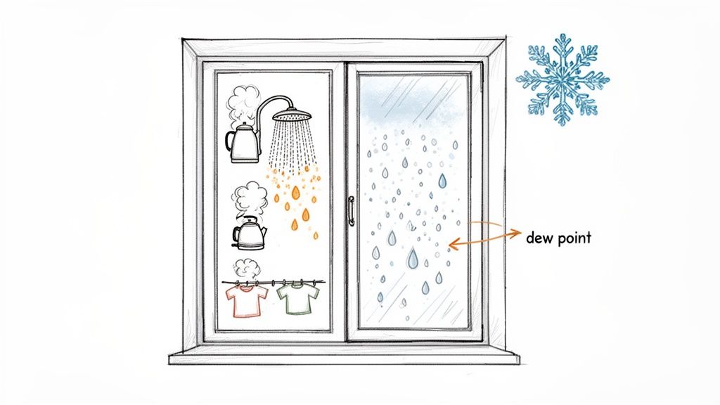 Illustration showing indoor humidity sources like kettles and a shower causing window condensation due to cold outdoor temperatures, indicating the dew point.