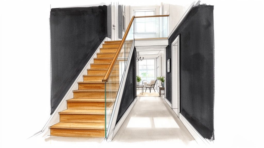 Watercolor illustration of a contemporary home interior with a grand wood and glass staircase leading to a bright hallway.