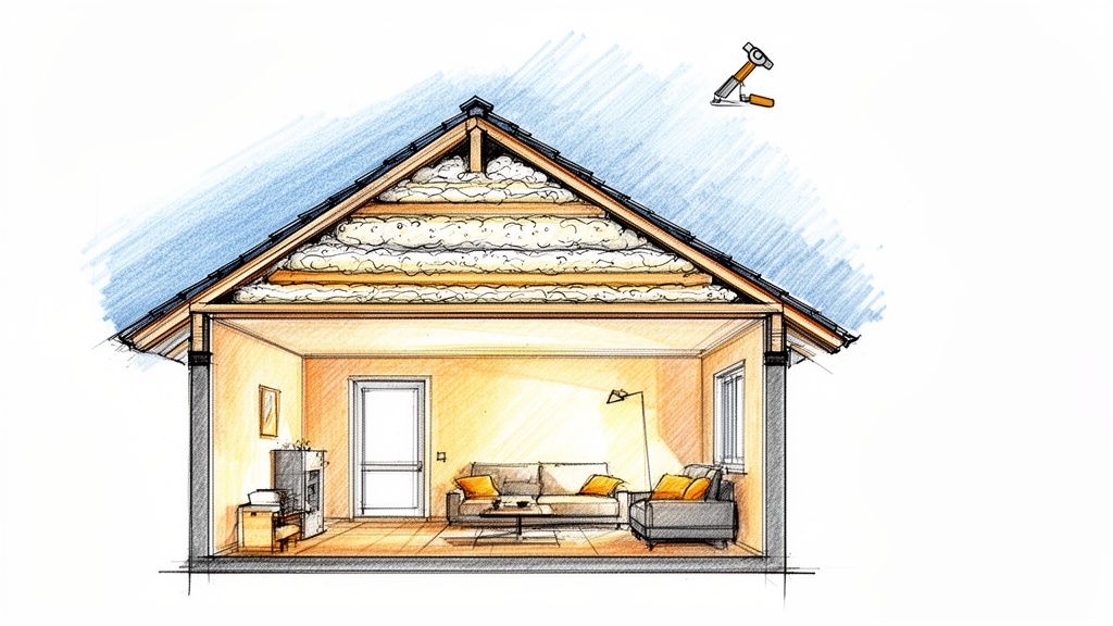 A detailed cross-section of a house shows attic insulation and a furnished living room, with a tool above.