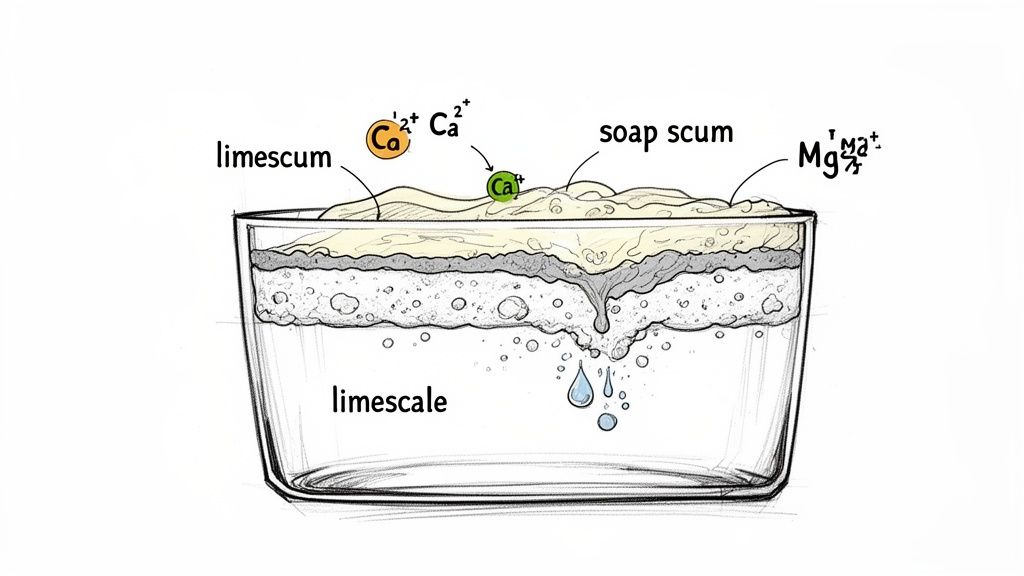 Diagram illustrating the formation of limescum, soap scum, and limescale in water with calcium and magnesium ions.