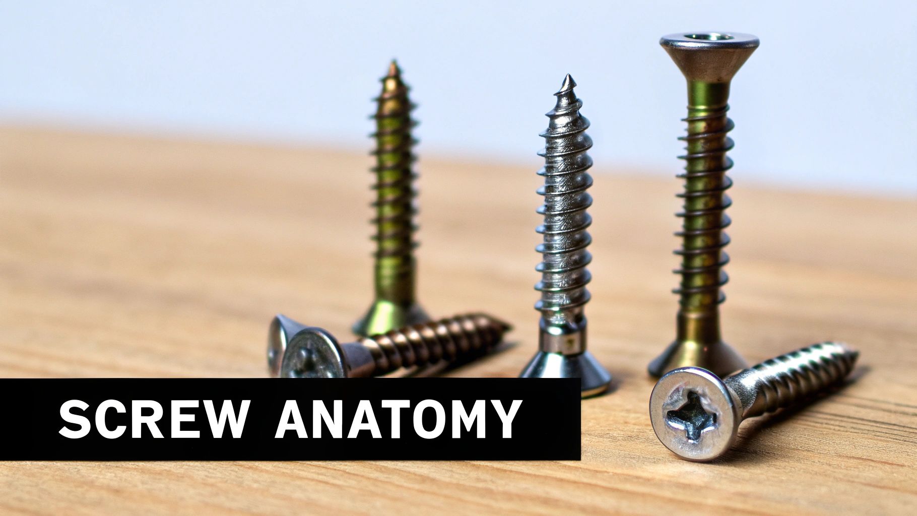 A close-up shot of various wood screws, including brass and silver finishes, arranged on a light wooden surface with 'SCREW ANATOMY' text.