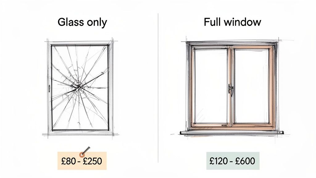 Comparison of window repair costs: replacing just broken glass (£80-£250) versus full window replacement (£120-£600).