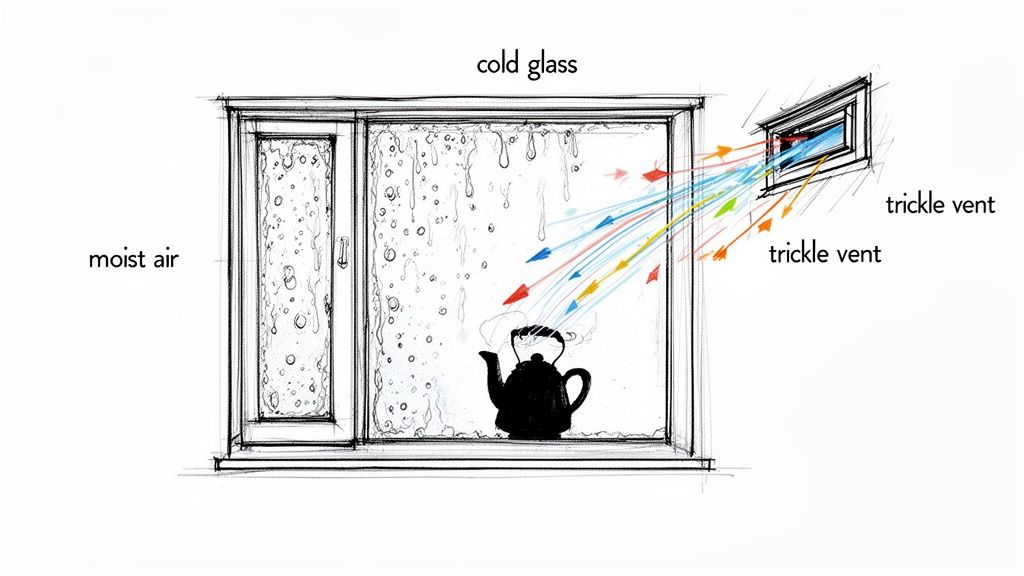 Illustration showing cold glass condensation, moist air, steam from a kettle, and airflow from trickle vents.