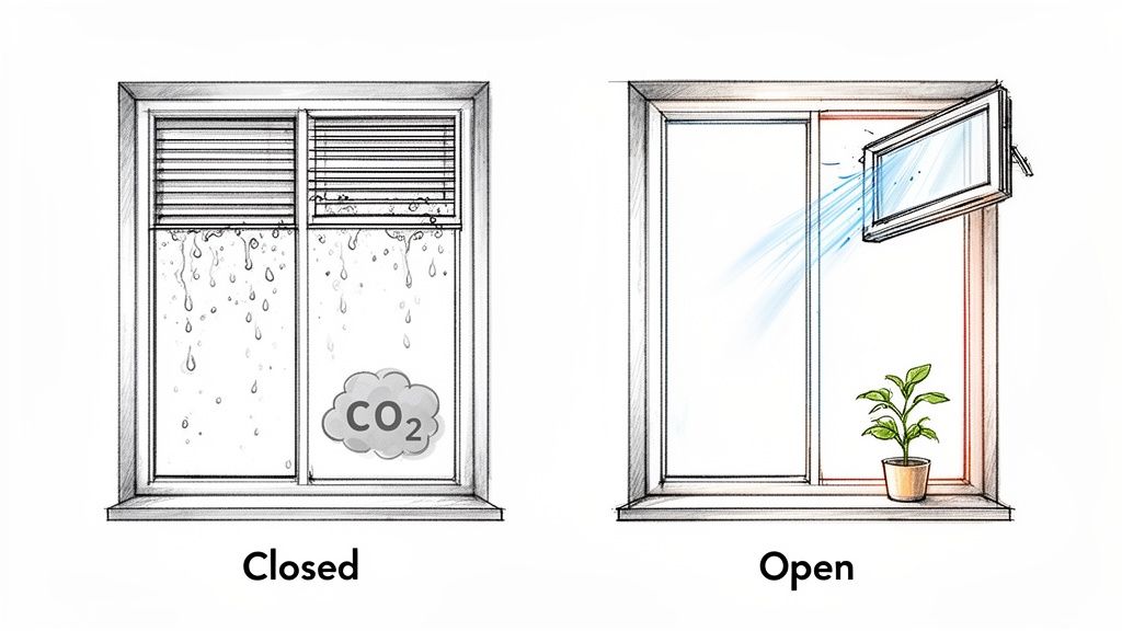 Two windows illustrate ventilation: one closed with condensation and CO2, one open with fresh air.