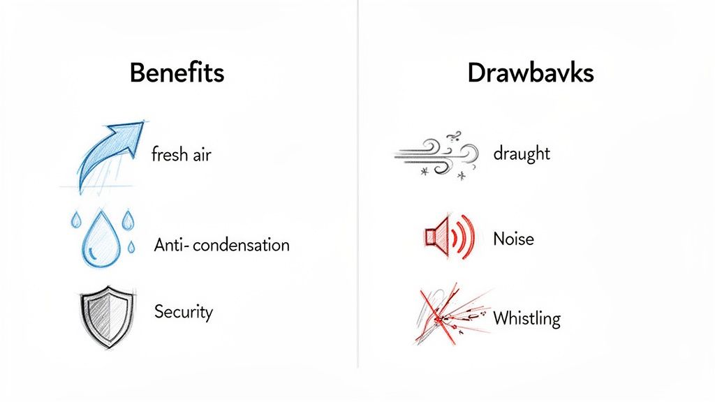 Infographic comparing benefits (fresh air, anti-condensation, security) and drawbacks (draught, noise, whistling) with icons.