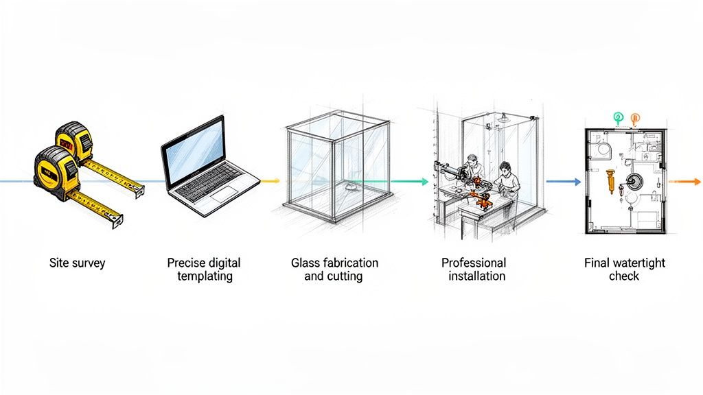 A five-step process for custom shower screen installation, from site survey to final watertight check.