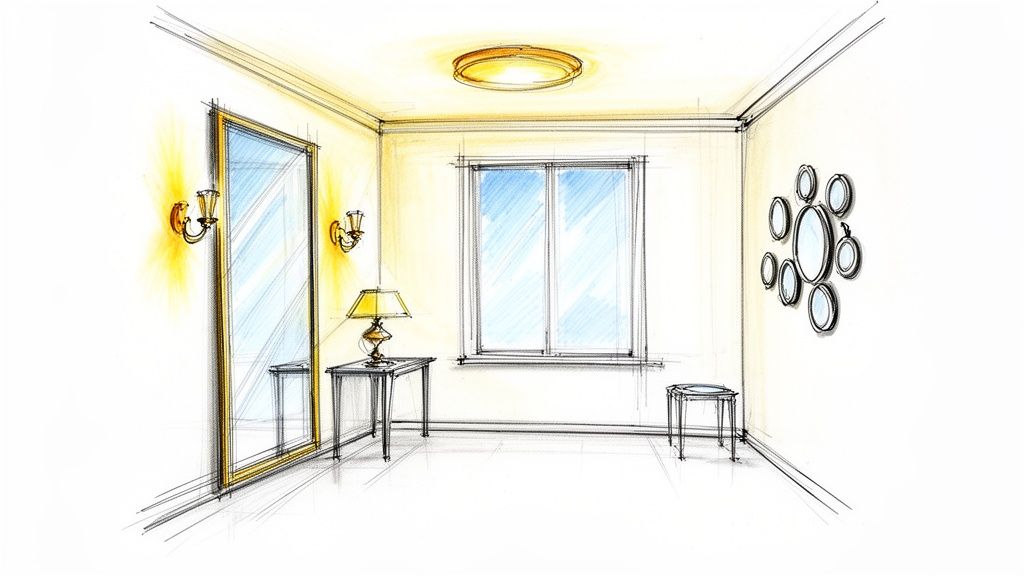 A bright, airy sketch of an interior room with a large mirror, window, and decorative wall art.