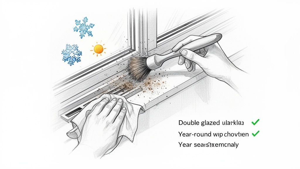 Hands cleaning a dirty double-glazed window track with a brush and cloth, showing insulation symbols.