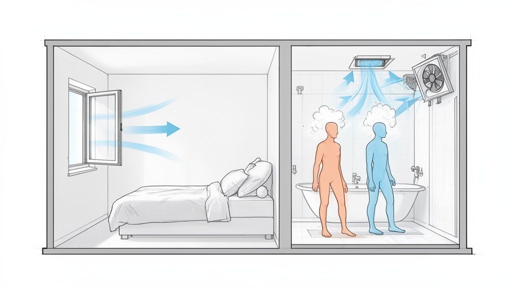 Illustration showing fresh air entering a bedroom through an open window and steam being extracted from a bathroom by fans.