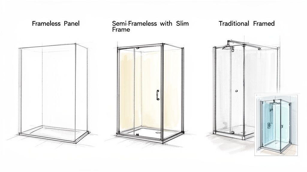 Illustrations of frameless, semi-frameless, and traditional framed shower screens for various bathroom design options.
