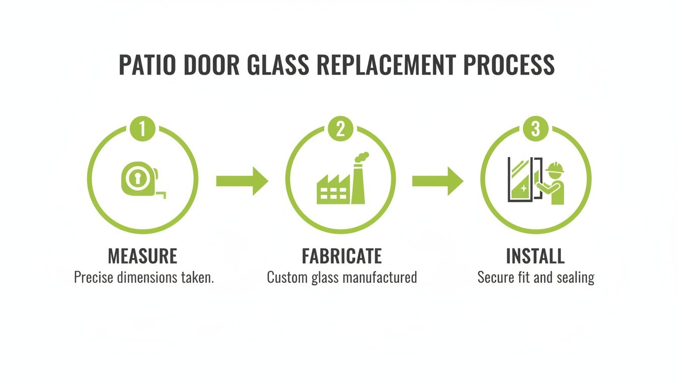 Infographic illustrating the 3-step patio door glass replacement process: measure, fabricate, and install.