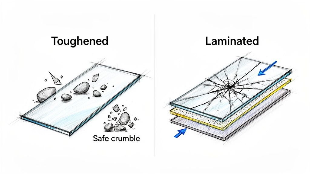 An illustration comparing toughened glass shattering safely into small pieces and laminated glass cracking yet remaining intact.