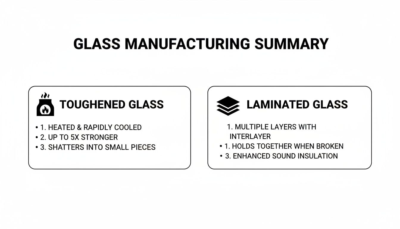 A summary comparing toughened glass properties like strength and shattering with laminated glass features such as layers and sound insulation.