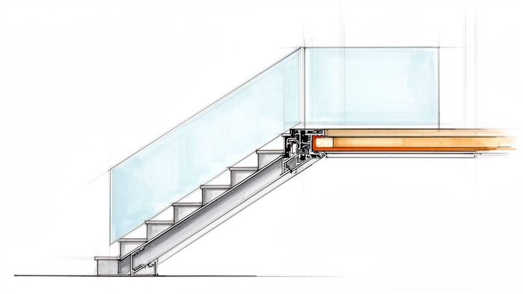 Detailed architectural drawing showcasing a modern staircase with glass railing and floor connection.