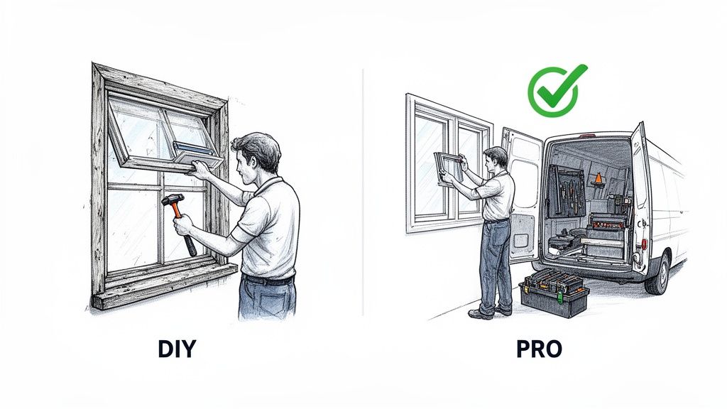 Illustration comparing a man struggling with DIY window installation versus a professional doing it easily.