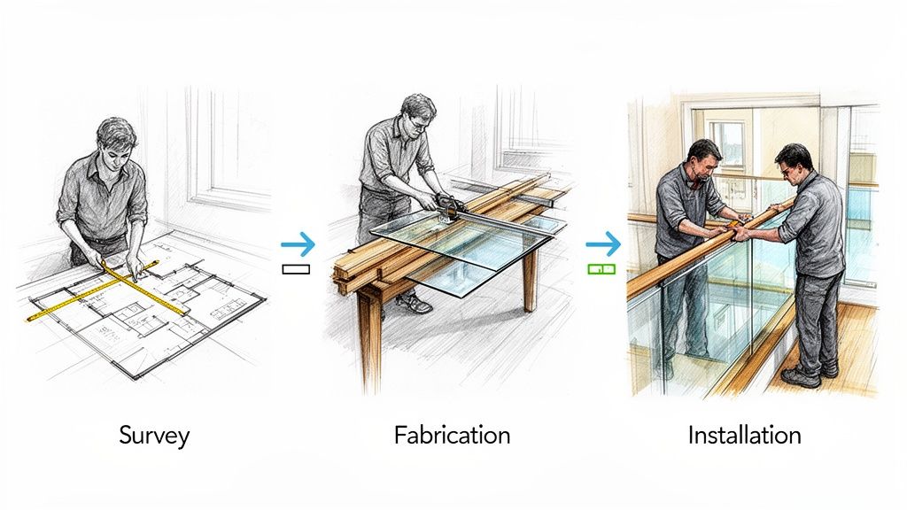 Three steps: survey, fabrication, and installation of a wood and glass railing.