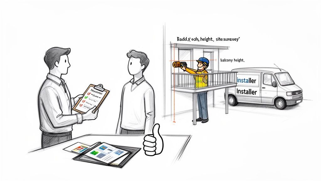 A man holds a checklist, another measures a balcony, depicting the installation process with an installer van.