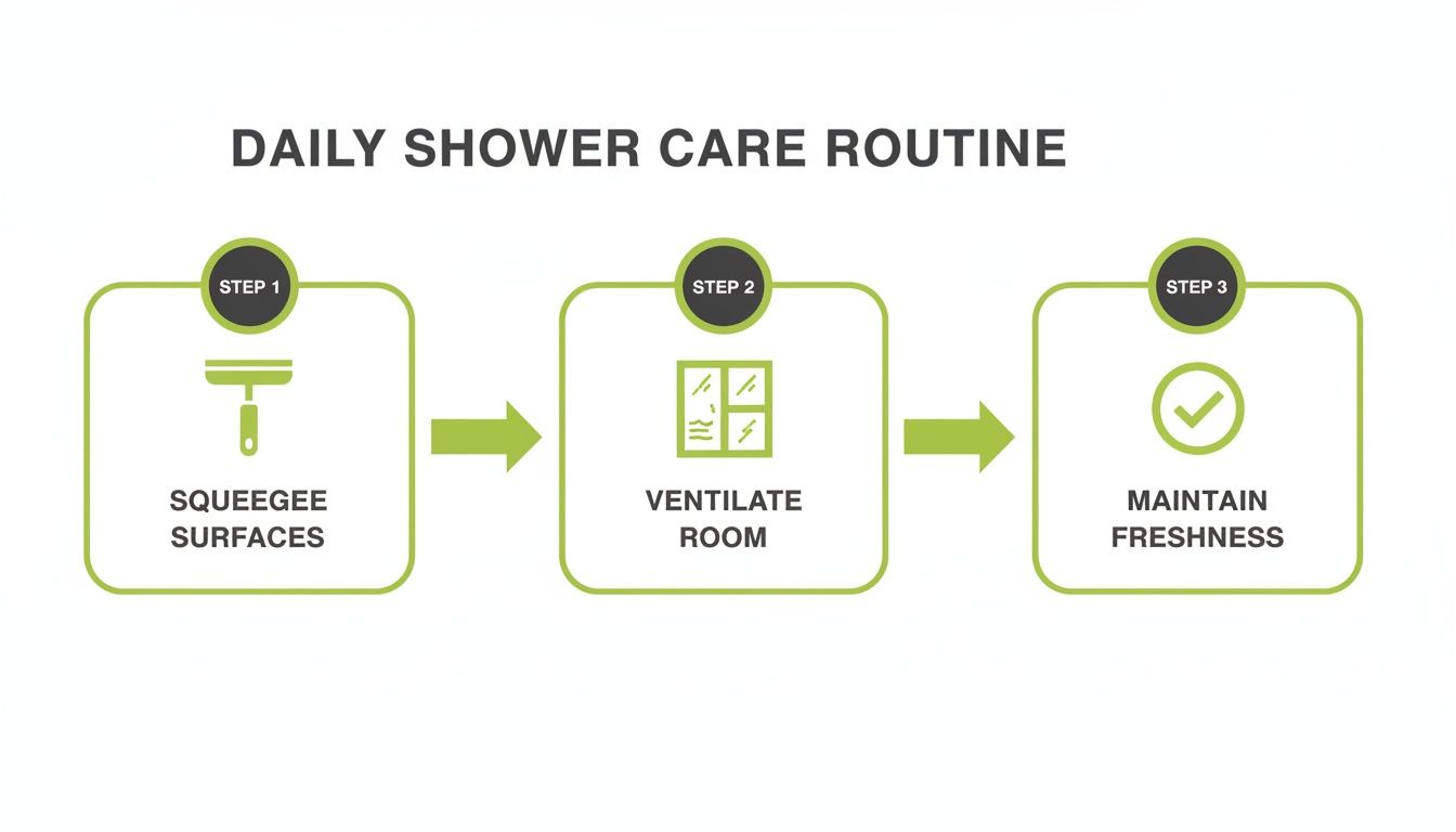Daily shower care routine infographic with three steps: squeegee surfaces, ventilate room, and maintain freshness.