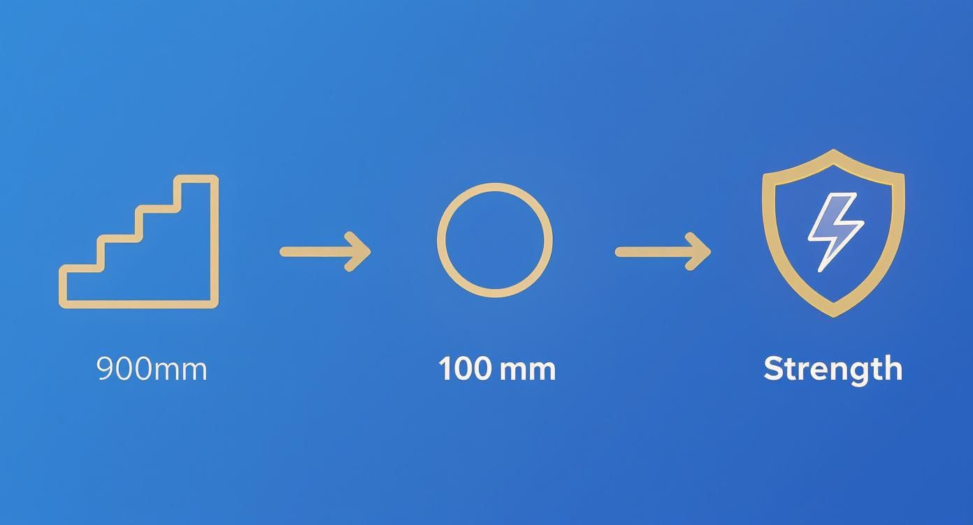 A diagram illustrates a 900mm staircase reducing to a 100mm circle, then transforming into a strength shield.