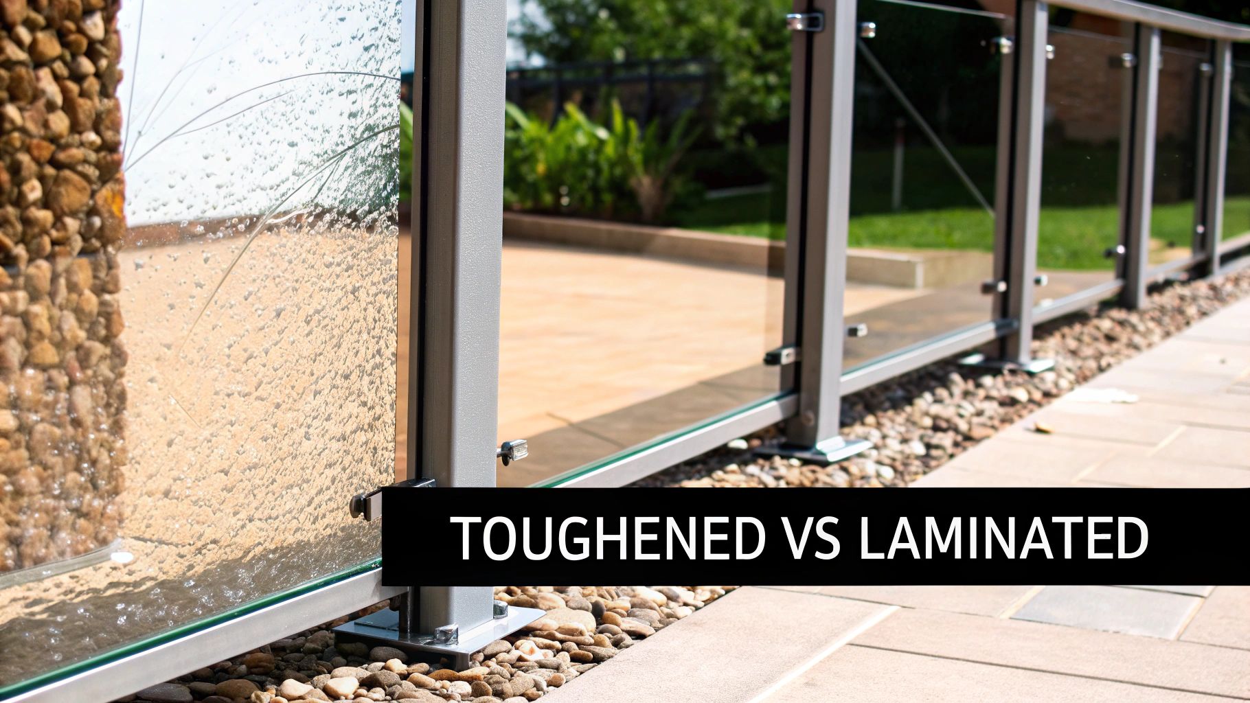 Outdoor glass balustrade featuring a comparison of toughened versus laminated glass.