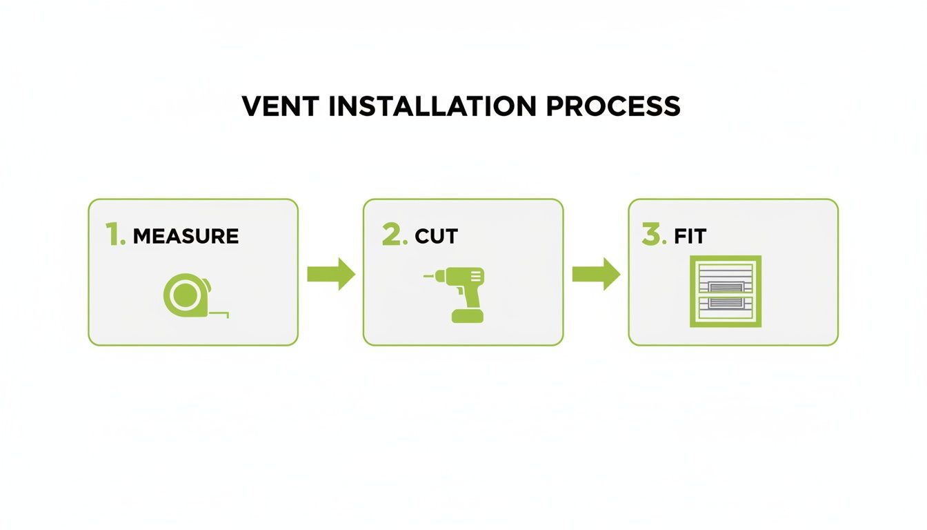 A three-step graphic illustrating the vent installation process: measure, cut, and fit with icons.