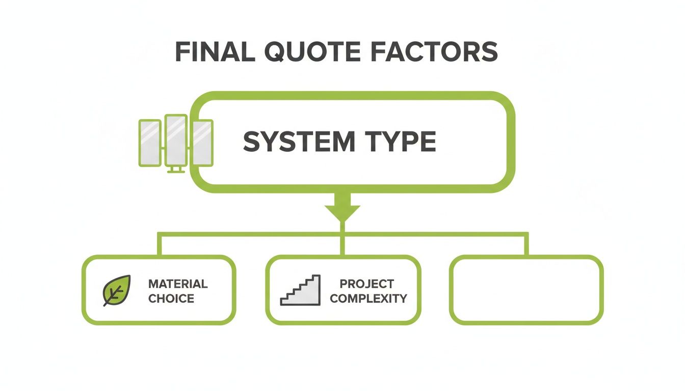 Flowchart detailing final quote factors: System Type, Material Choice, and Project Complexity.