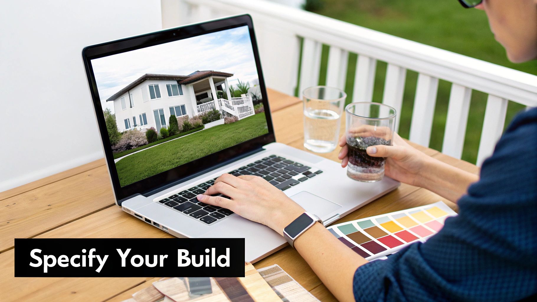 A person's hands using a laptop displaying a modern house design, with color swatches and a drink nearby, indicating home building plans.